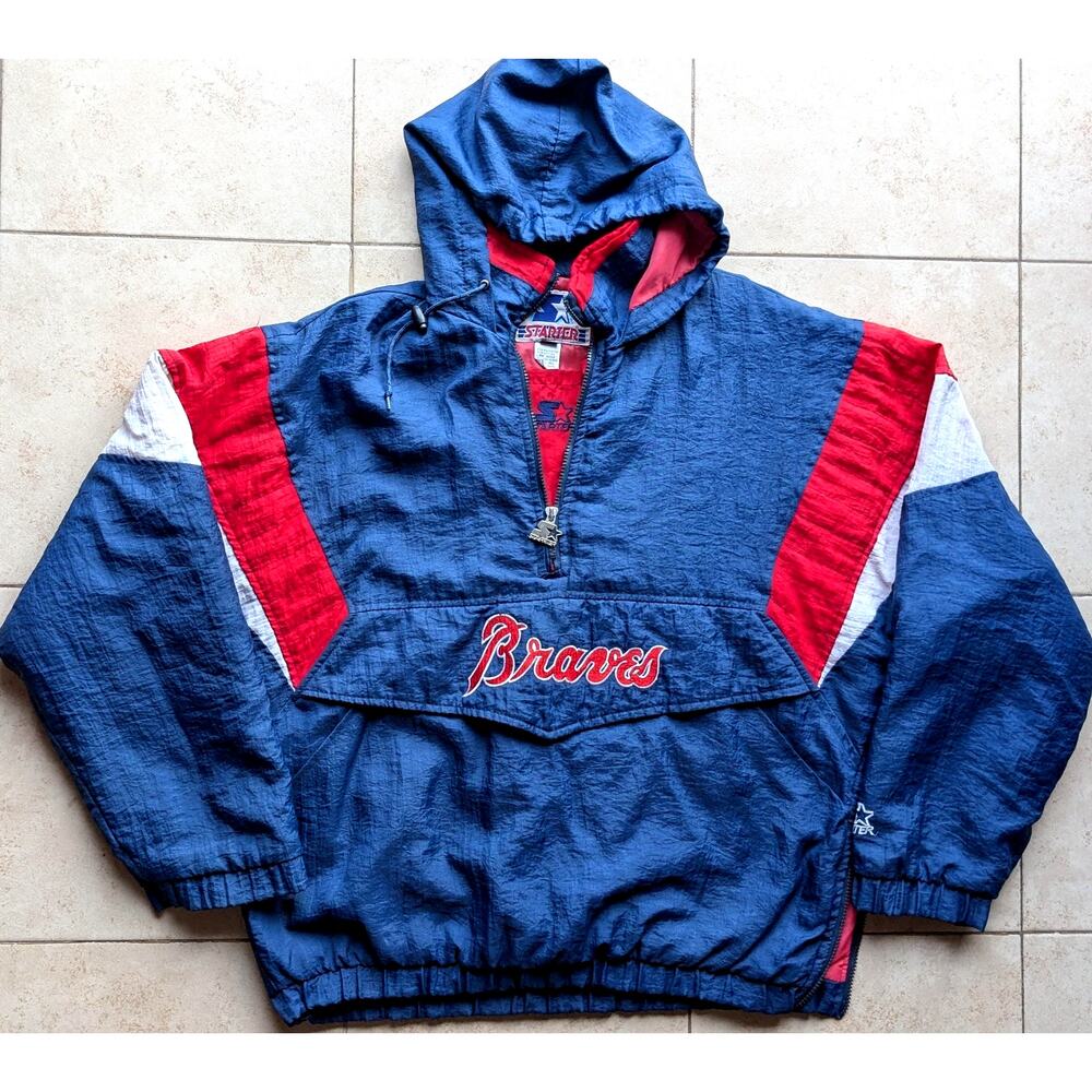 Atlanta Braves 90s STARTER puffer 1/2 jacket TOMAHAWK zip M navy red MLB vintage - Picture 2 of 9